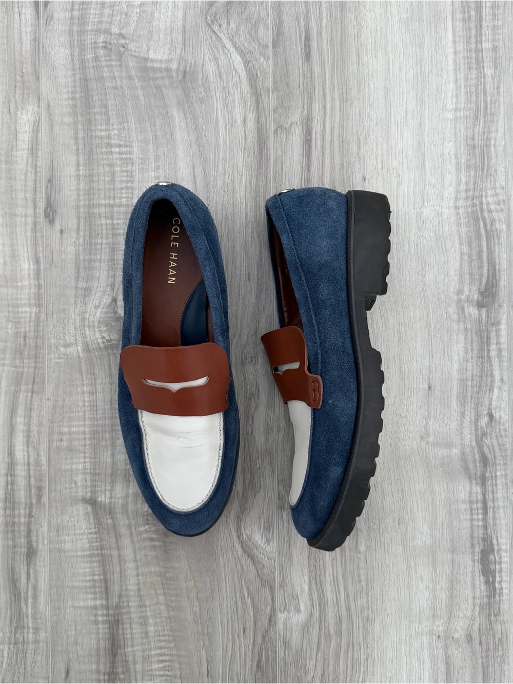 Cole Haan Blue Suede, White Leather & Brown Penny Loafers